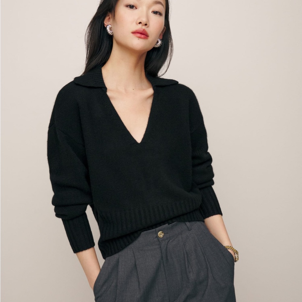 Reformation black Beckie cashmere collared v-neck sweater - Picture 1 of 9